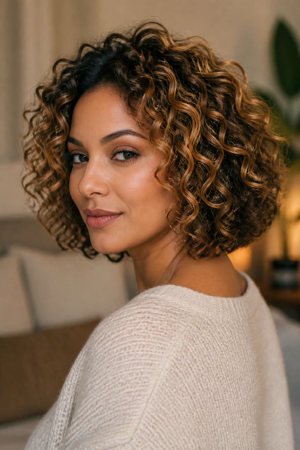 Real woman with defined curly bob and caramel halo around the face