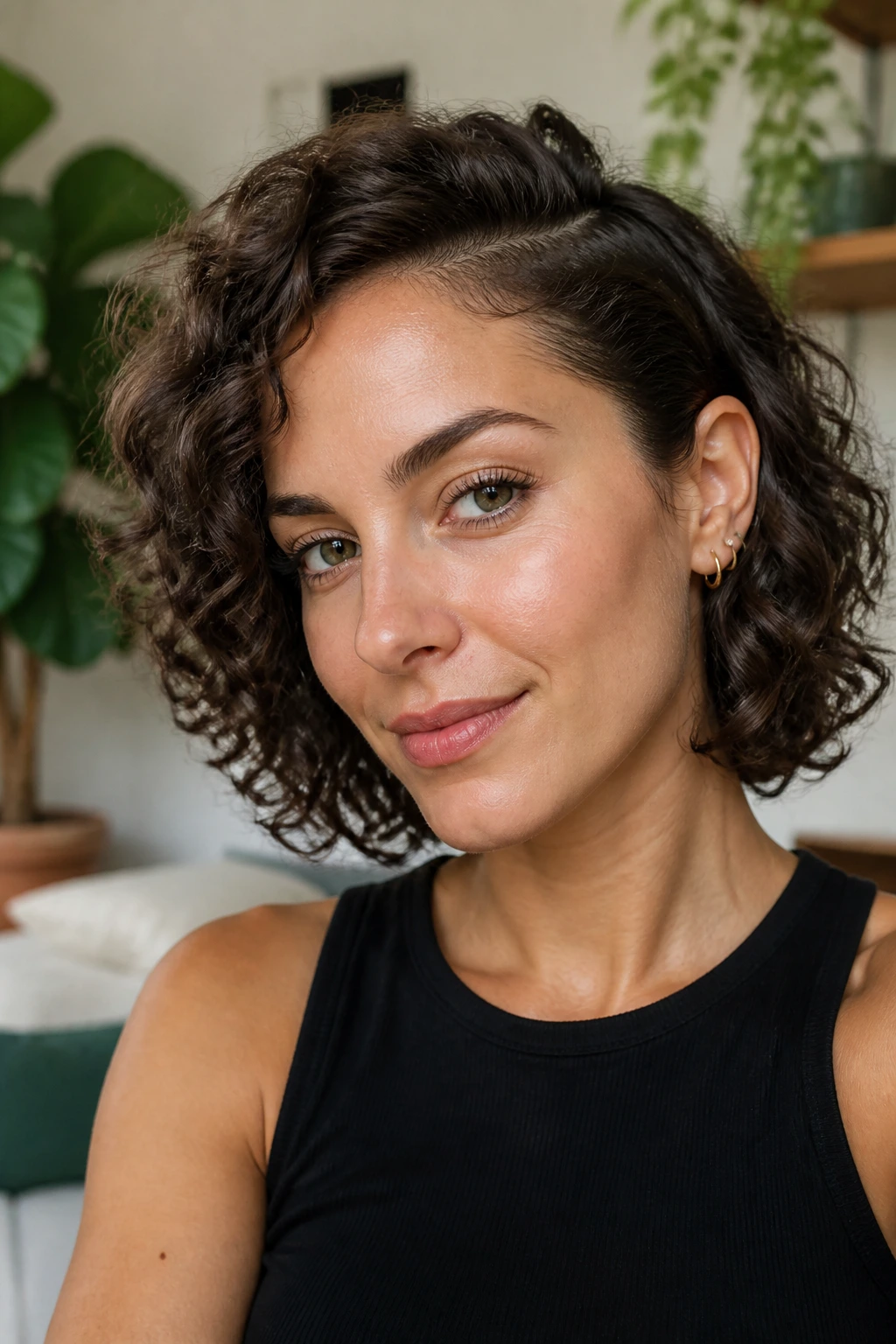 Close-up of a real woman with a defined curly bob, one side tucked behind the ear