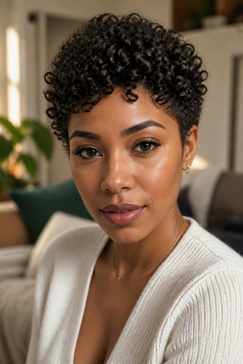 Real person with defined natural curl crop in warm living room light