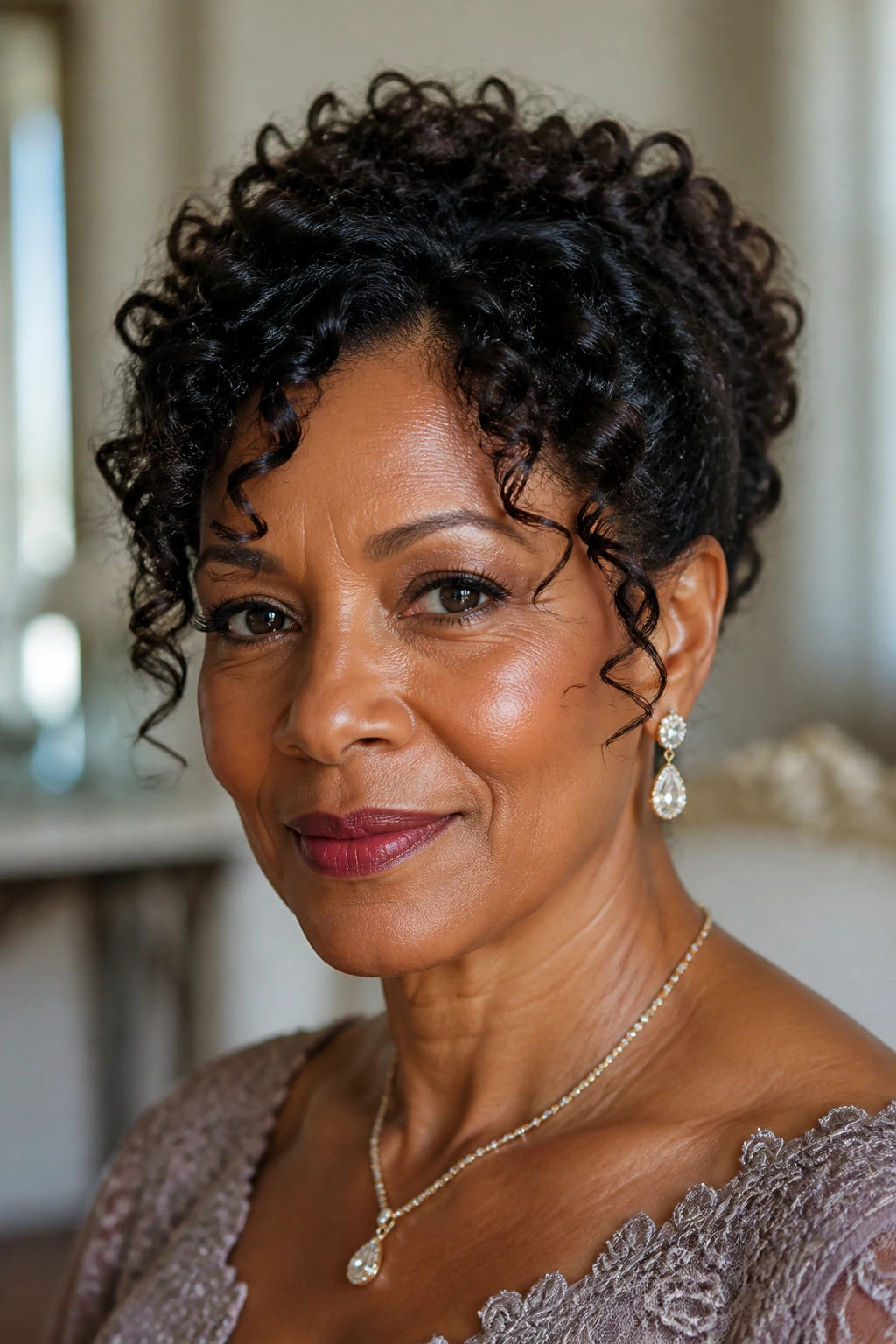 Close-up of a real woman with defined natural curls shaped into a formal silhouette.