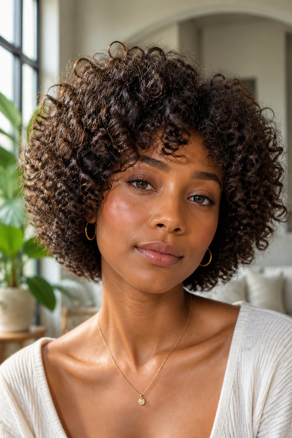 Close-up portrait of a real woman with defined natural curls in a rounded shape