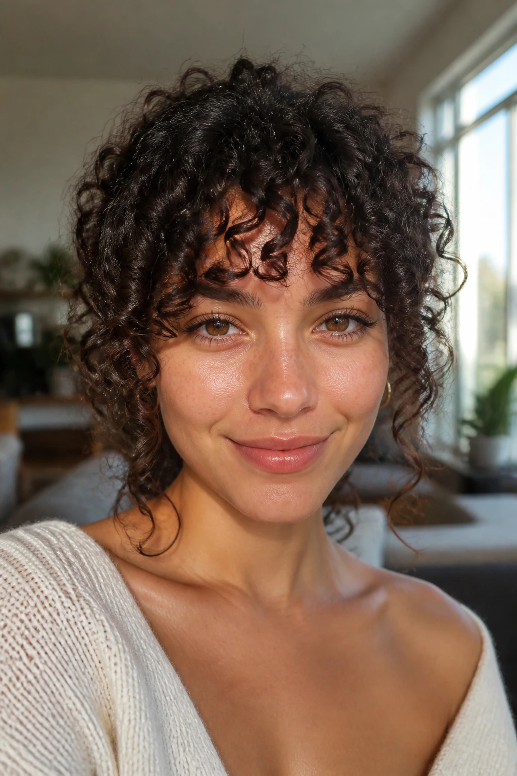 Close-up portrait showing defined ringlet bangs on a real person, curl pattern visible.