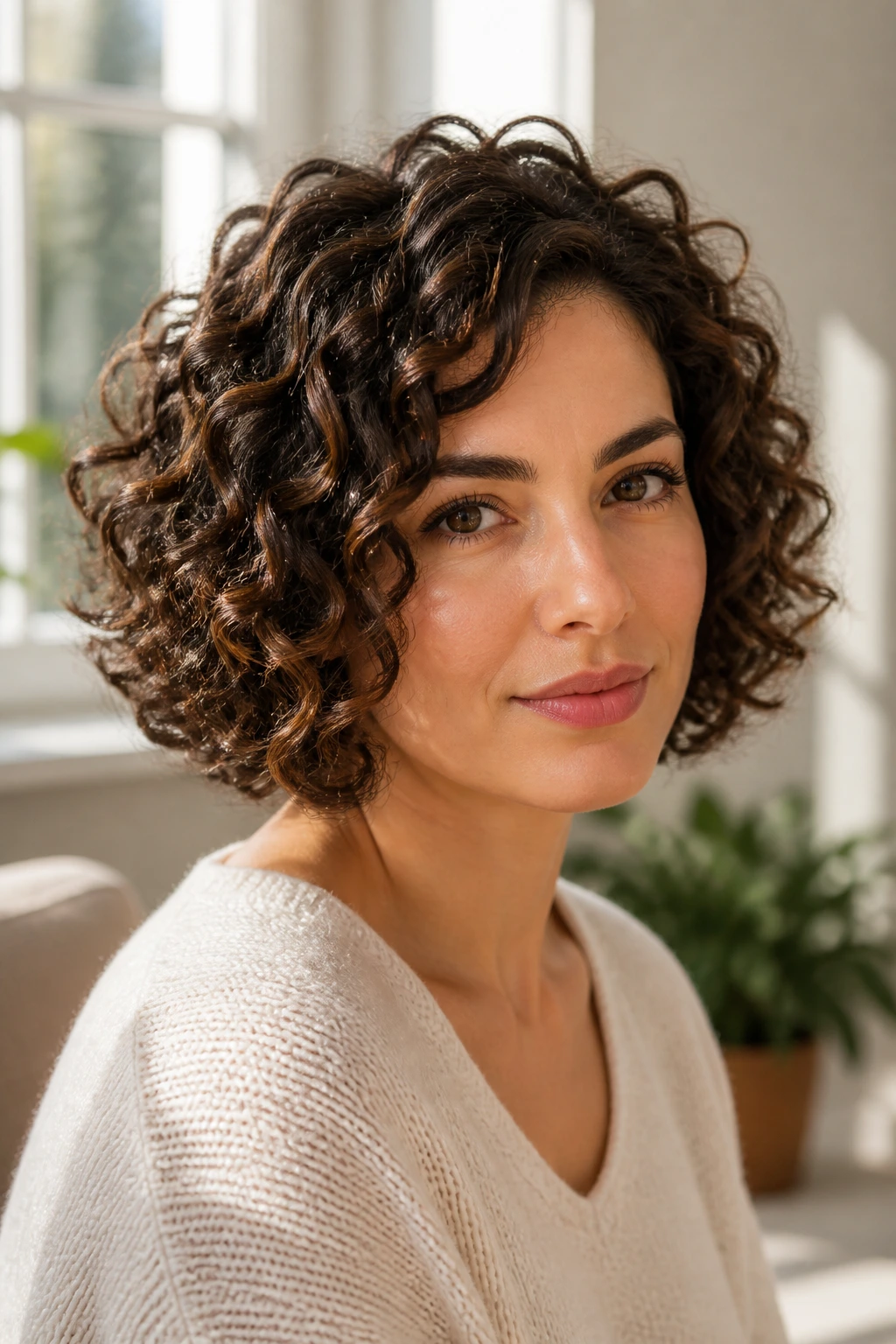 Close-up of defined ringlet bob with cocoa threads and shadows