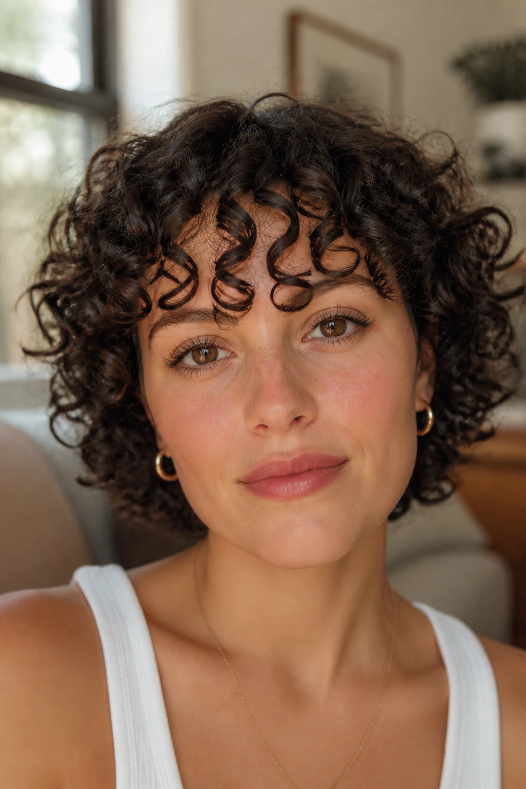 Close-up of a woman with defined ringlet fringe and separated curls