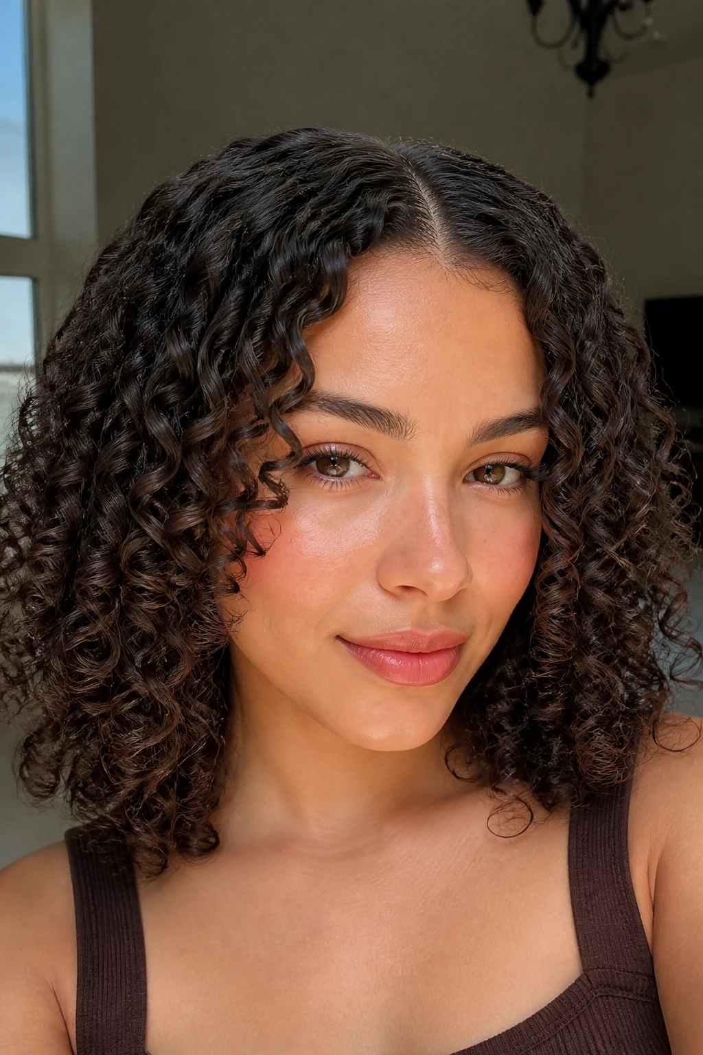 Close-up of a woman with defined ringlet curls along a middle part