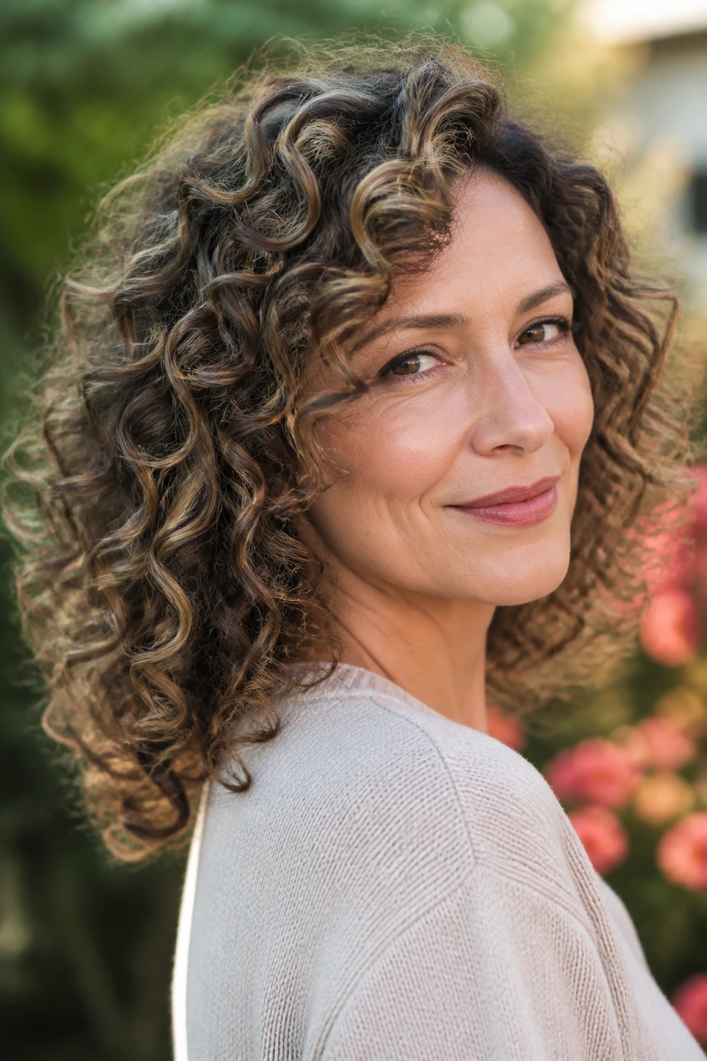 Close-up of defined curly ringlets on a real woman with mushroom brown shadowing in daylight