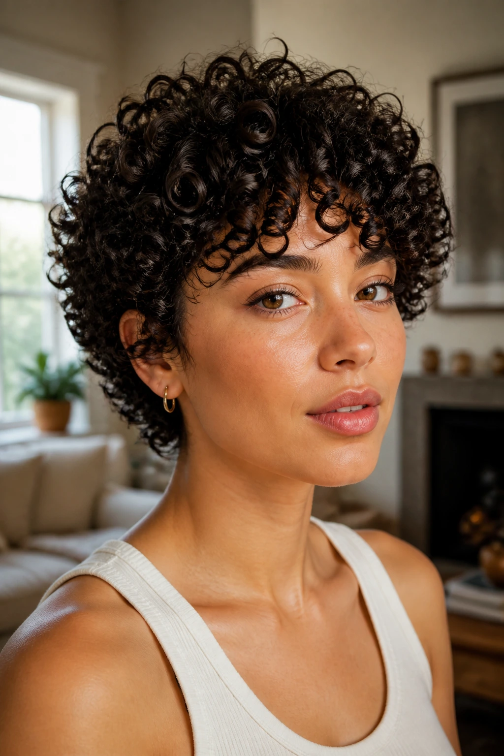 Close-up portrait of a real person with defined ringlet curls in a short haircut