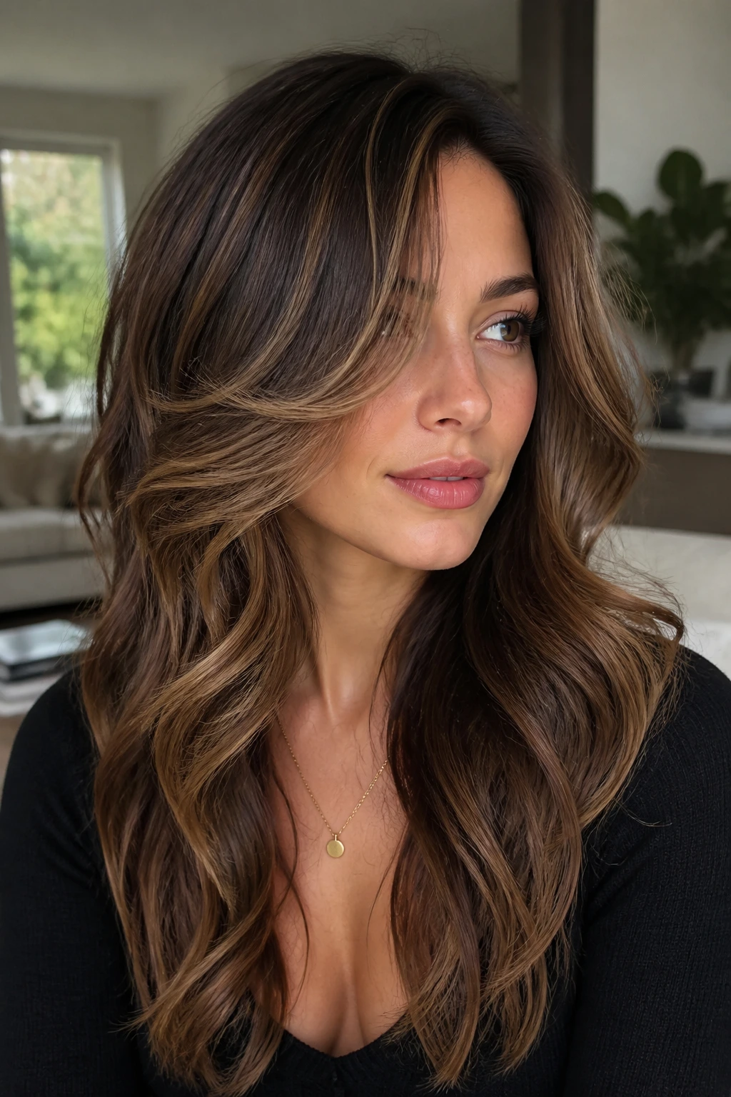 Close-up portrait of a real woman with defined S-wave layers framing the face.
