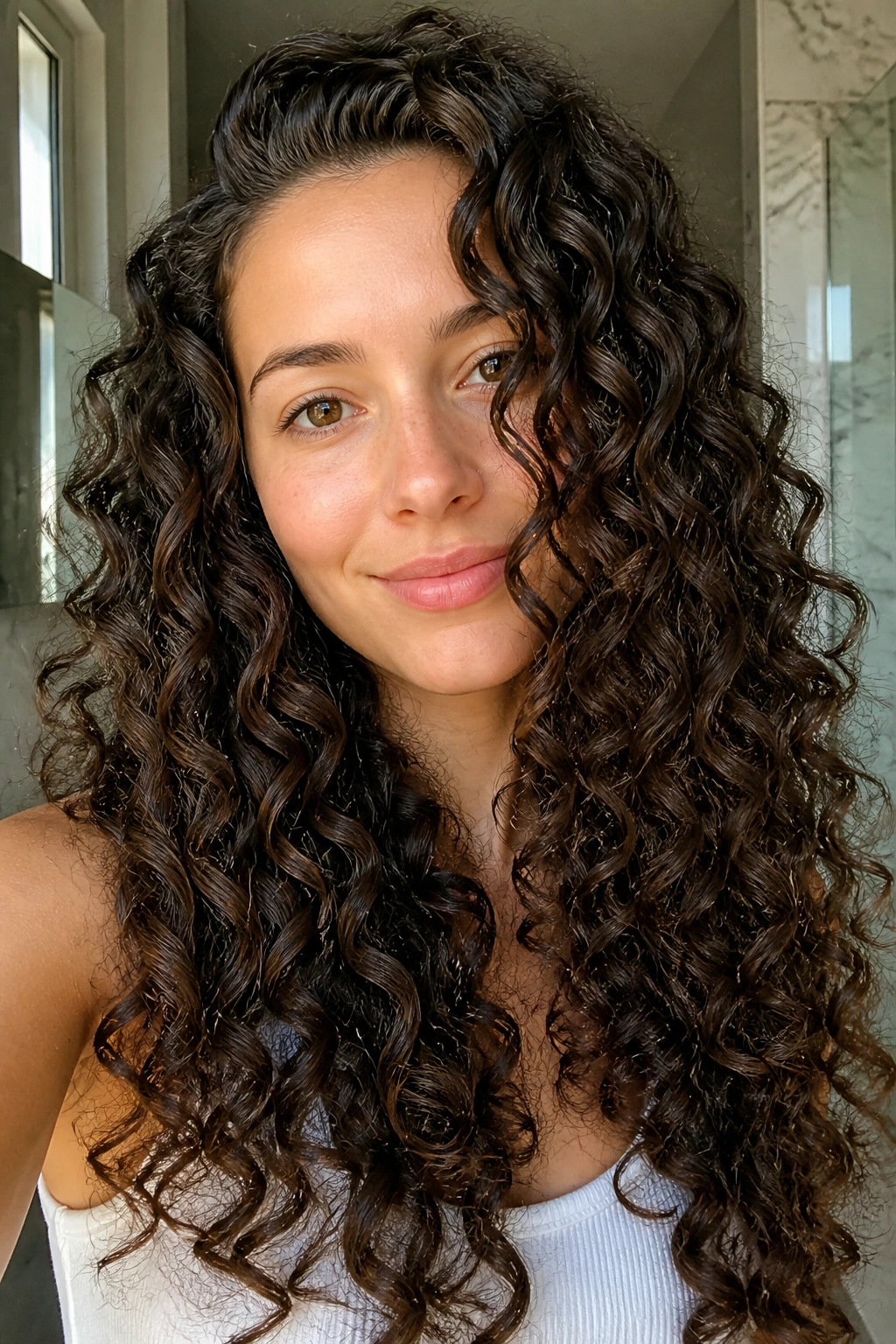 Portrait of a woman with defined spiral curls along long hair.