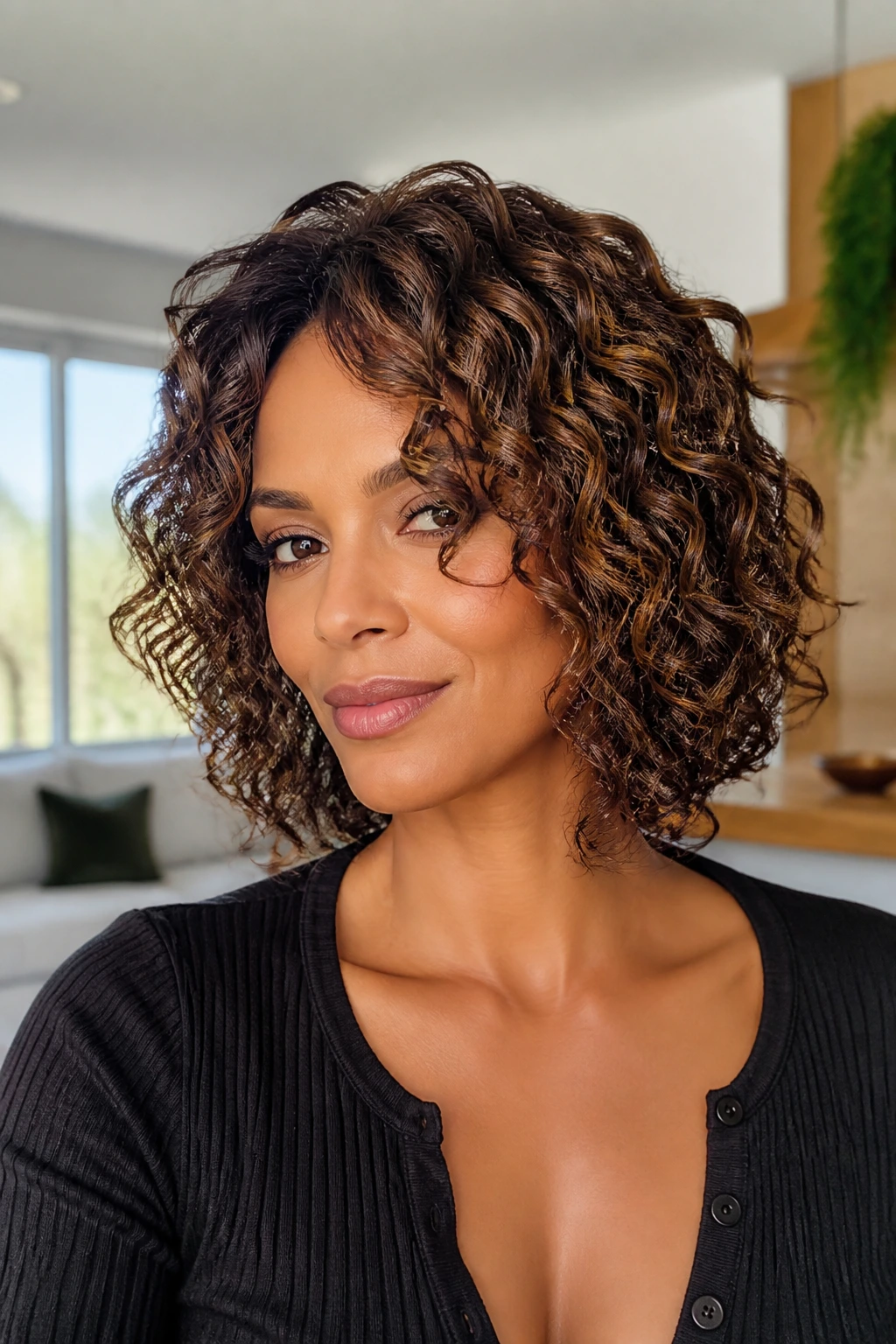 Close-up of a real woman with defined spiral curls and shiny finish