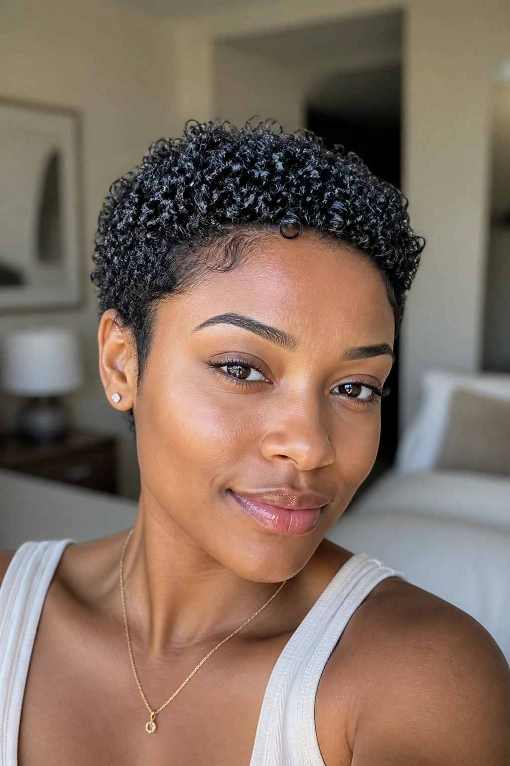Close-up portrait of a real person with defined wash-and-go curls