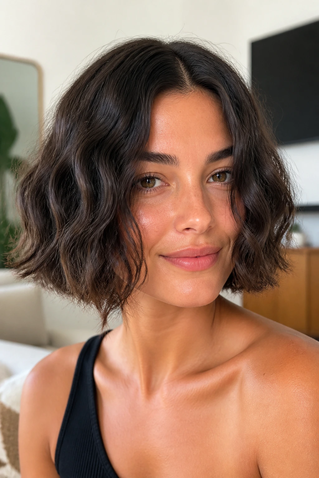 Close-up of a real woman with a defined wave center bob in a sunlit living room