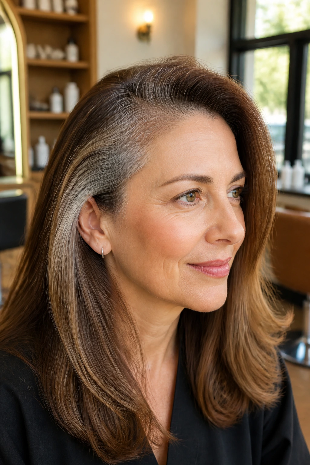 Close-up of a real woman with a subtle demi-permanent root-to-brown overlay in natural salon light