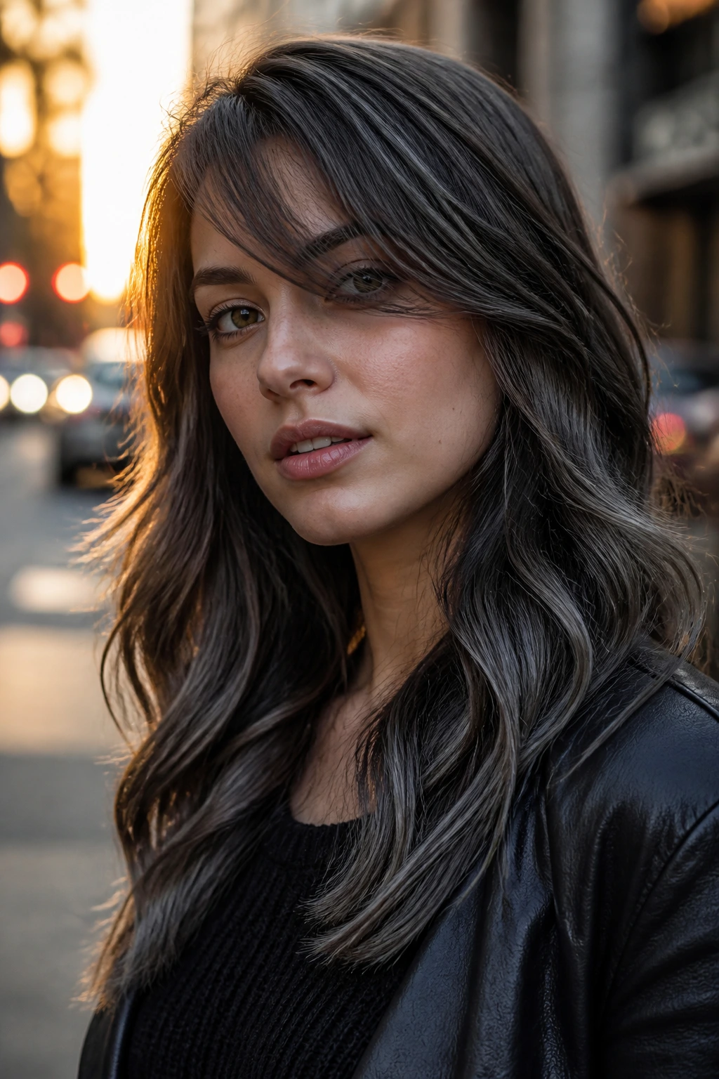 Close-up of a real woman with denim ash brown balayage and side-swept bangs