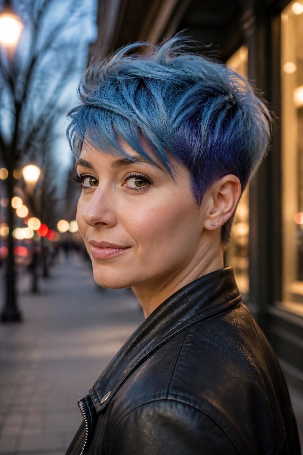 Close-up of a real person with a denim blue layered crop showing depth and texture