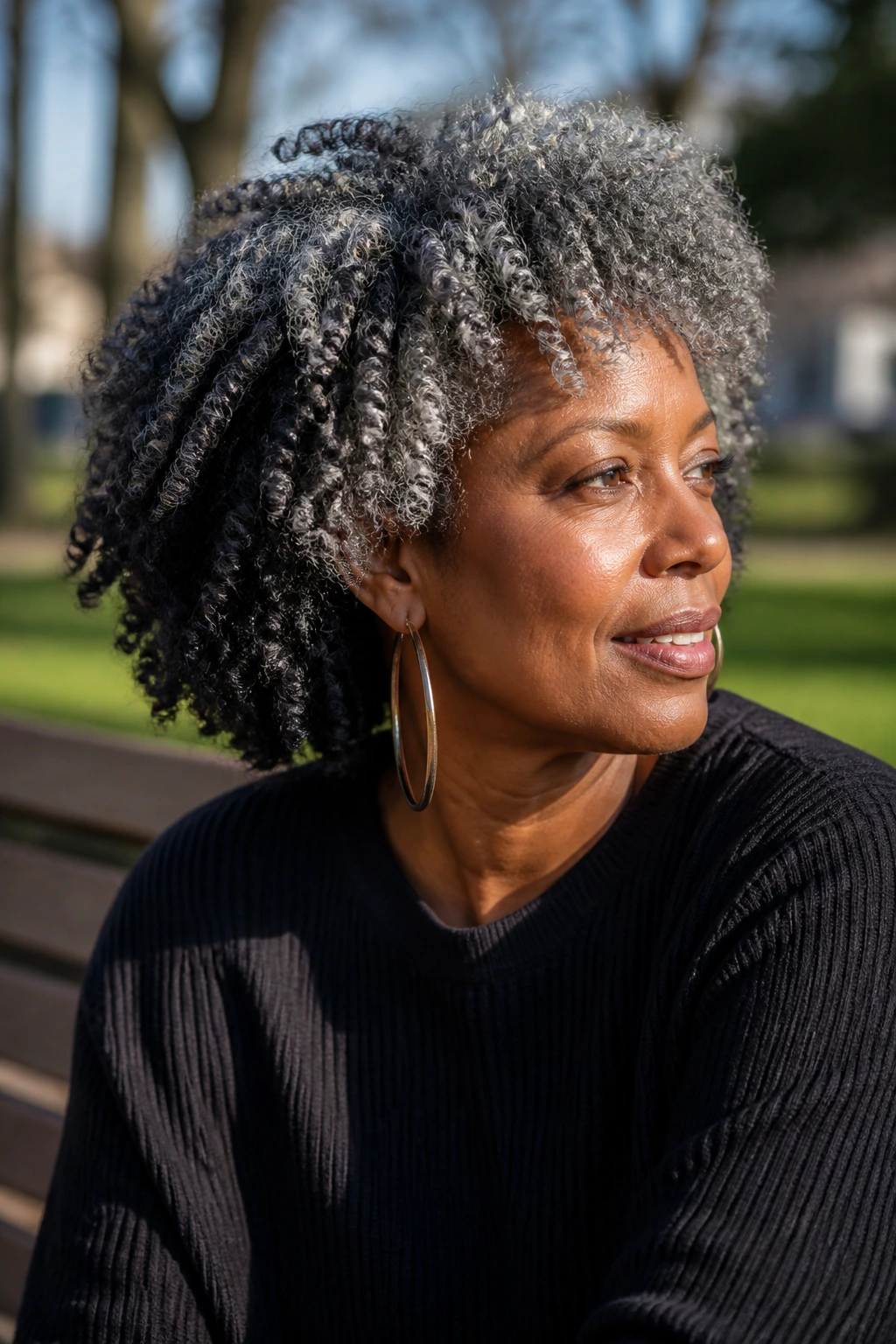 Close-up portrait of a real person with denim grey wash-and-go and onyx underpaint
