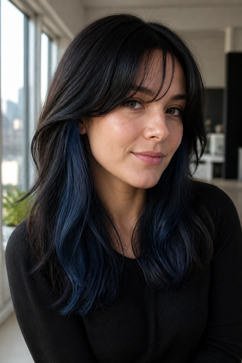 Close-up portrait of a real woman with denim navy peekaboo and curved curtain bangs