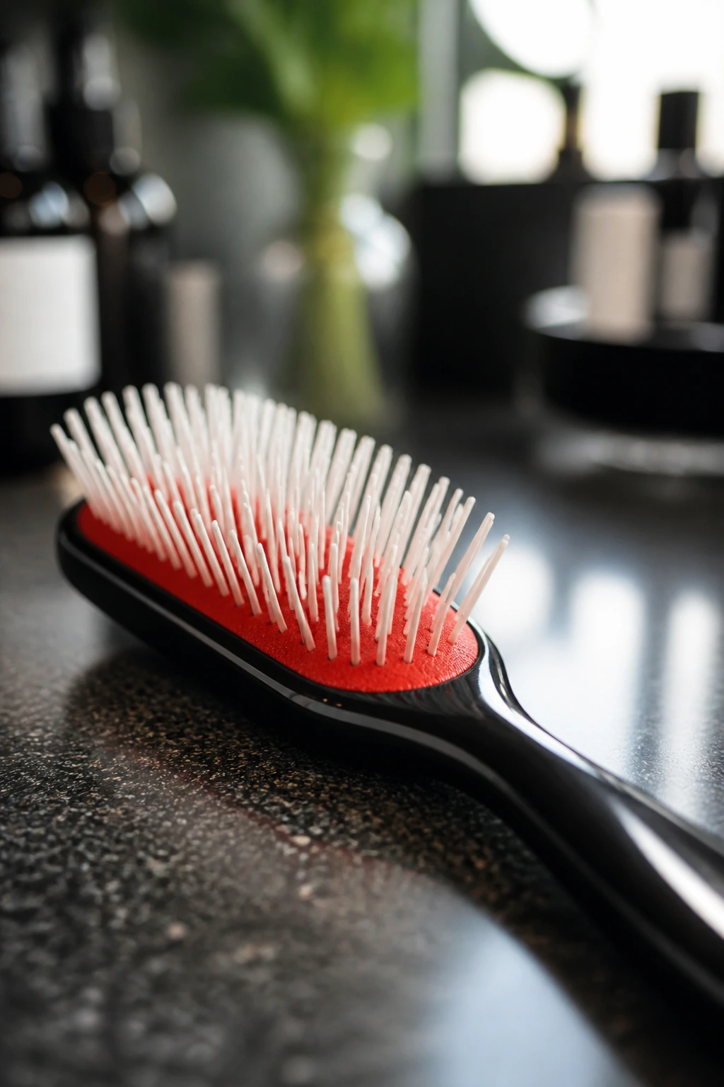 Close-up of a Denman-style brush for detangling curly hair, on a salon counter