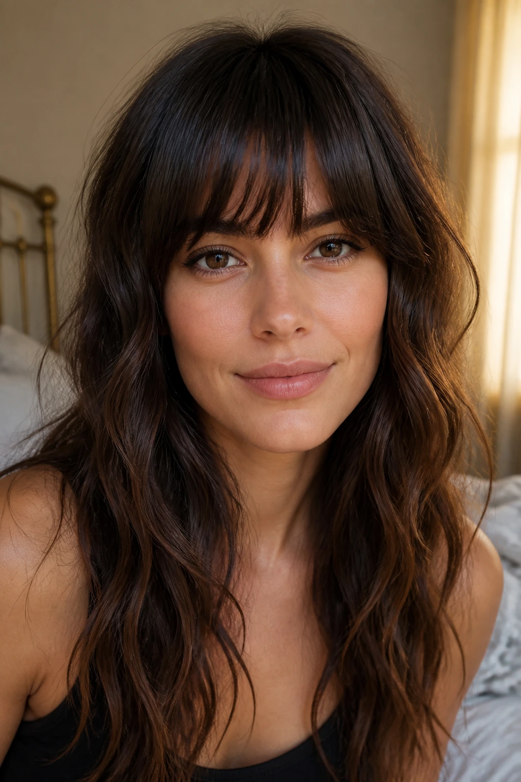 Close-up of a real woman with dense full bangs softened with slicing and natural waves