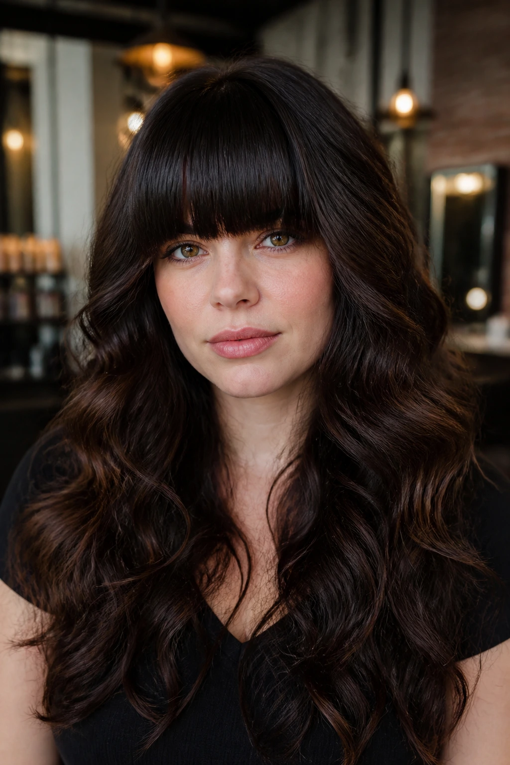 Portrait of a woman with dense blunt bangs on thick hair
