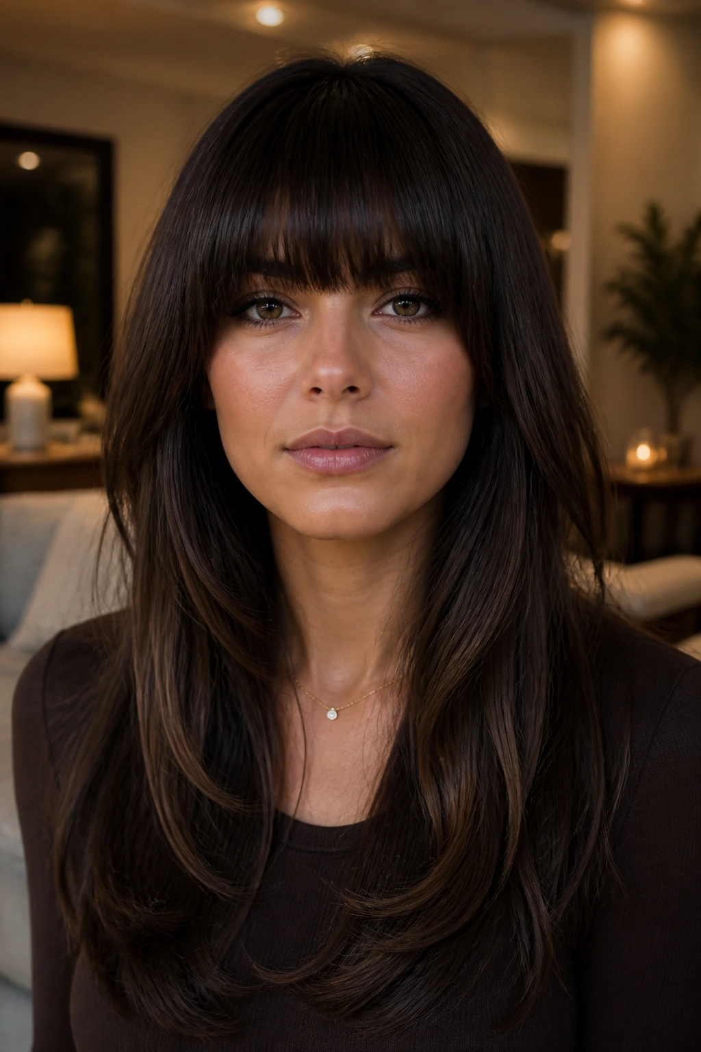 Close-up of a real woman with thick dense bangs that sit flat with internal weight removal.