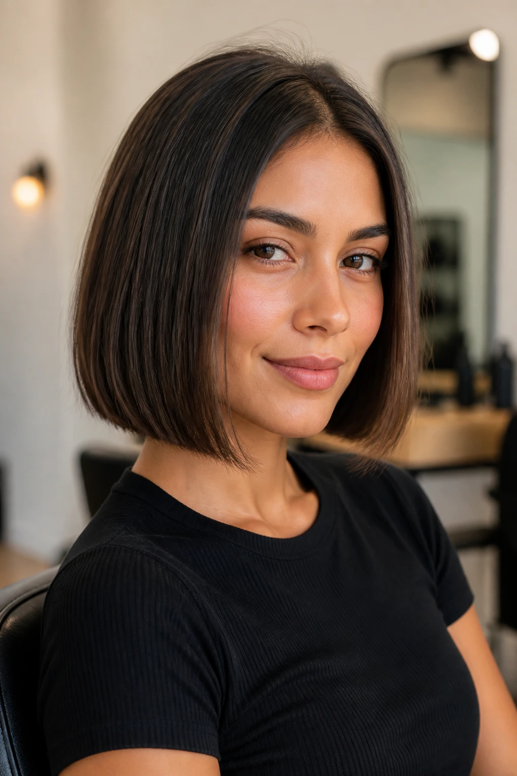 Close-up of a real person with a blunt bob that looks dense
