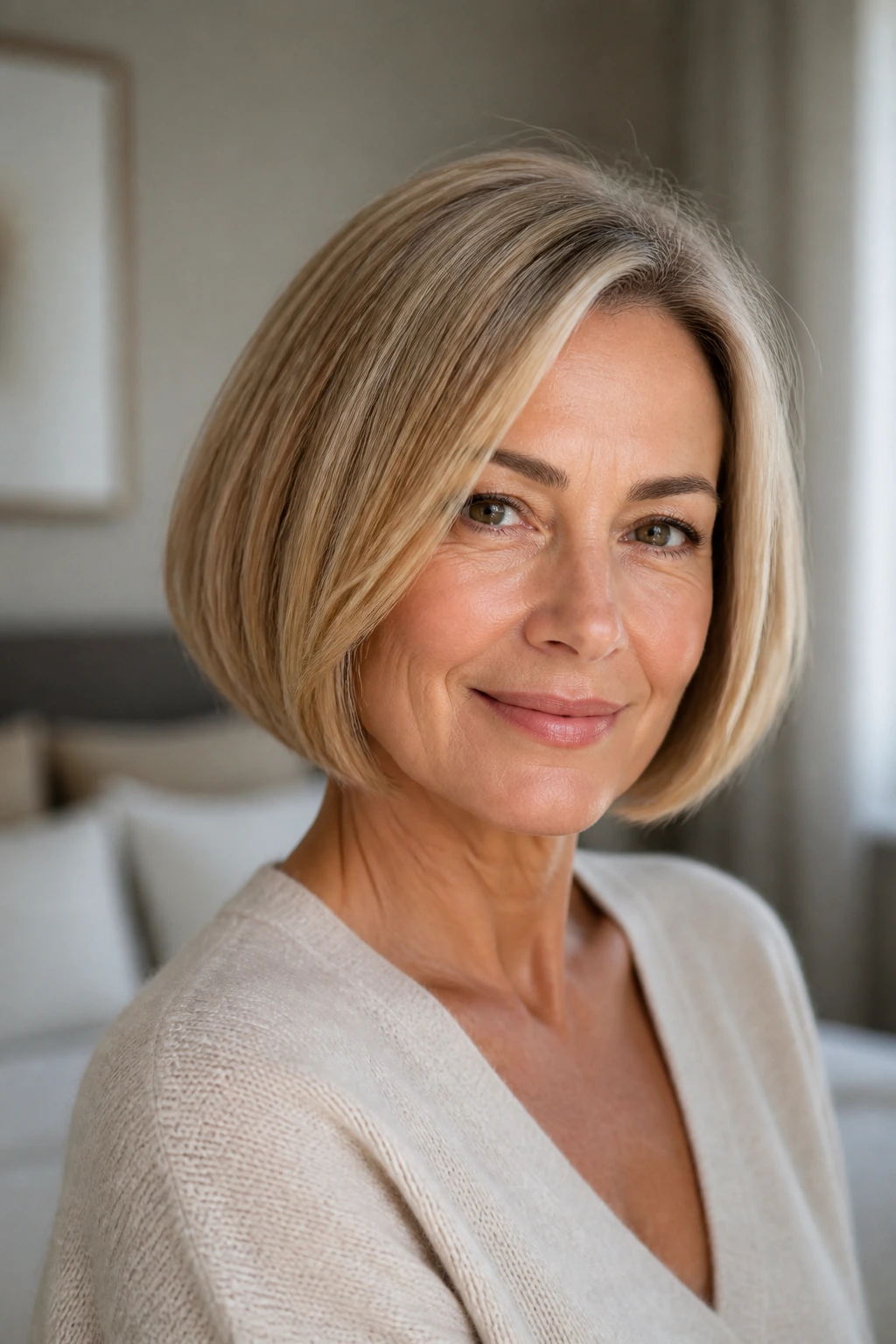 Close-up portrait of a real woman with a dense, perimeter-focused bob for fine hair