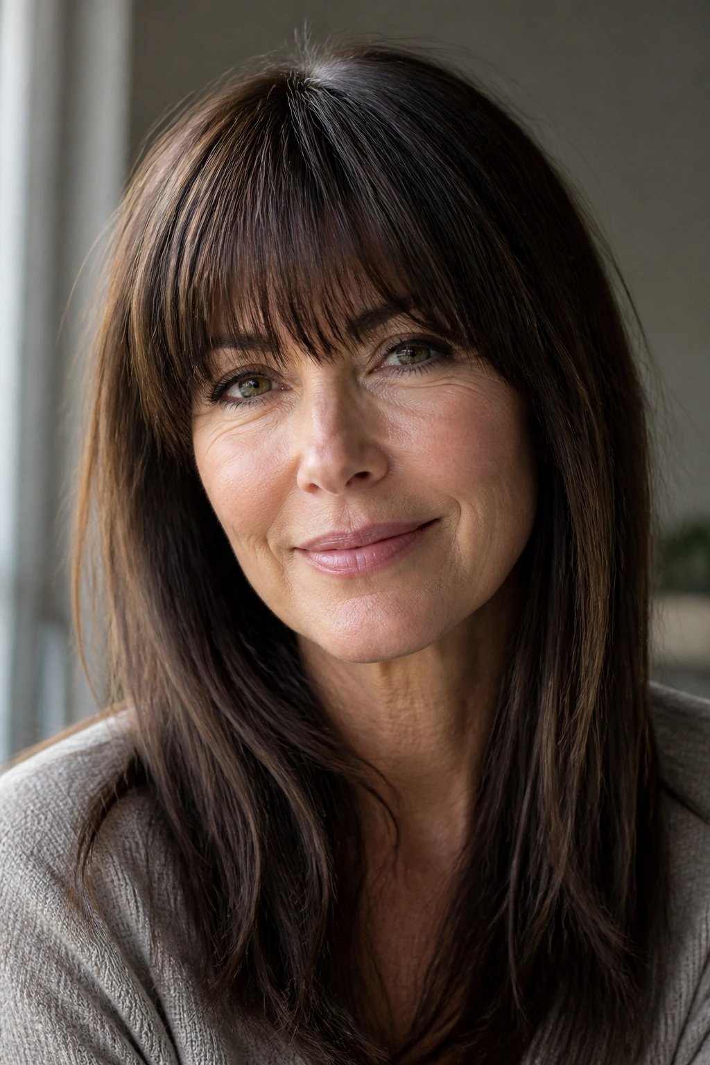 Close-up portrait of a real woman with dense brow-skimming bangs