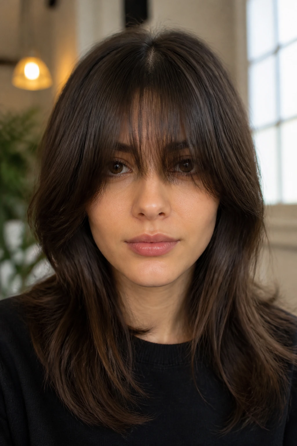 Close-up of a woman with dense center fringe creating a heavy look