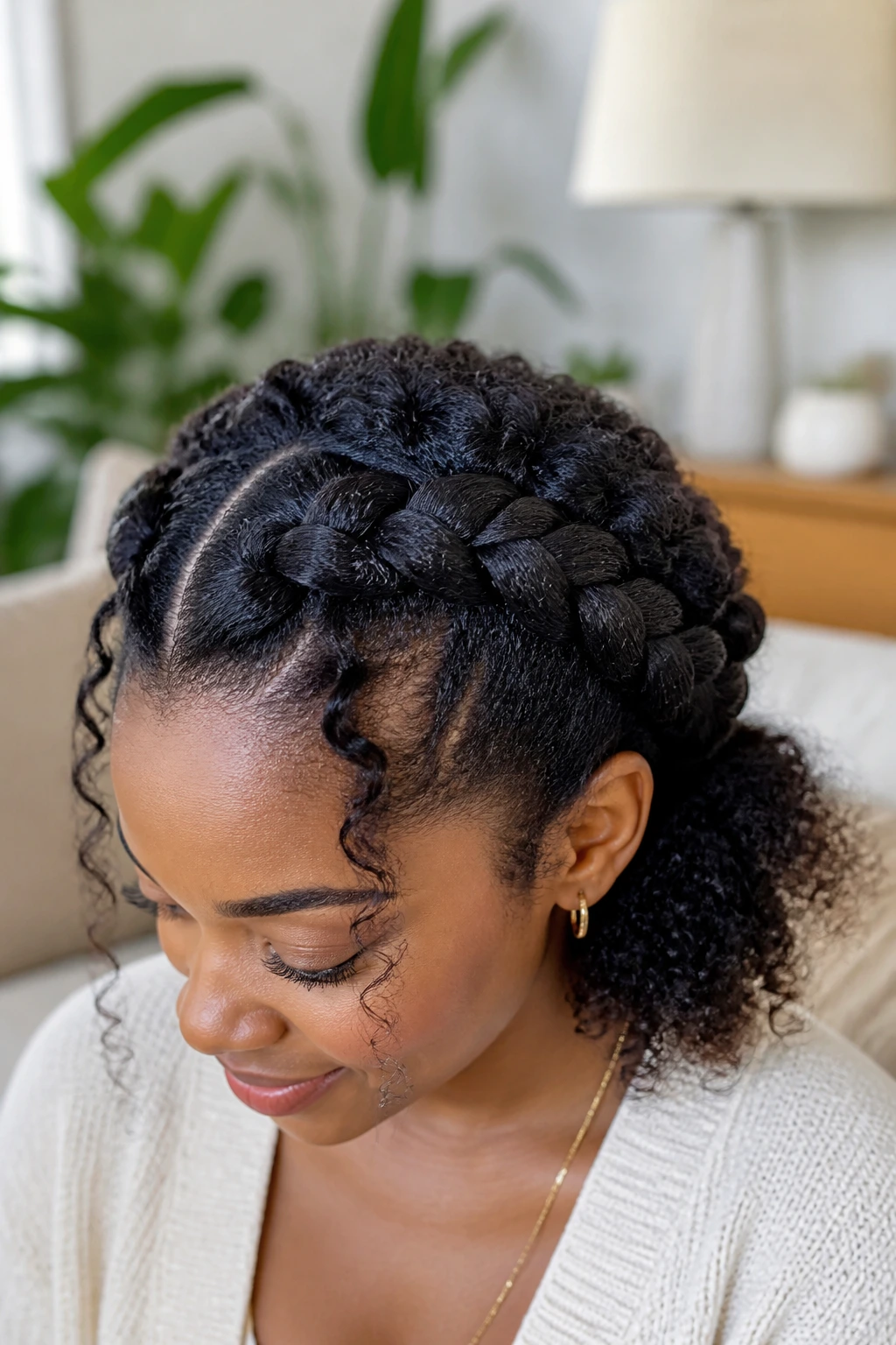 Close-up of a real woman with a protective crown for dense coils