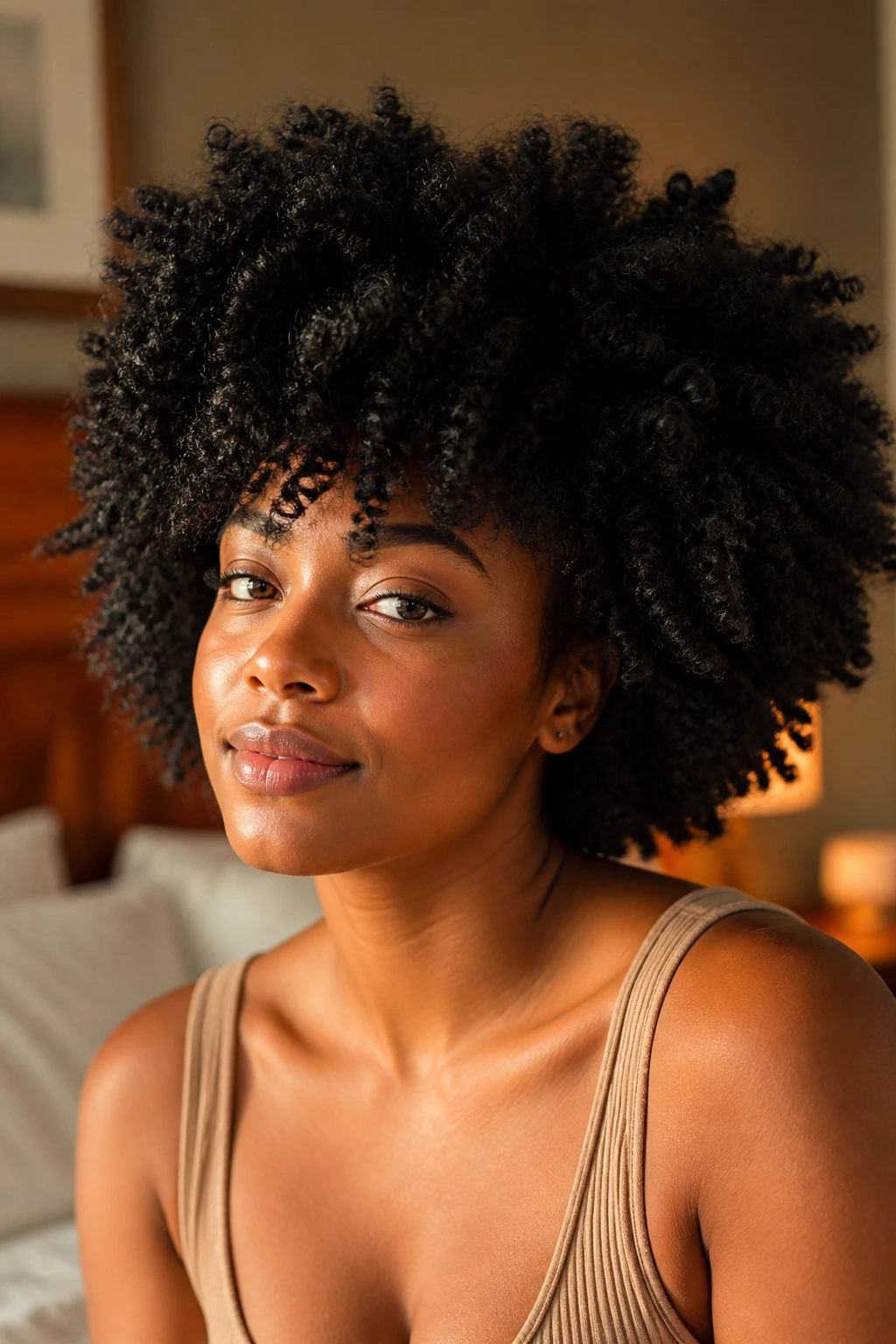 Close-up portrait of a Black woman with dense coil hair filling the frame