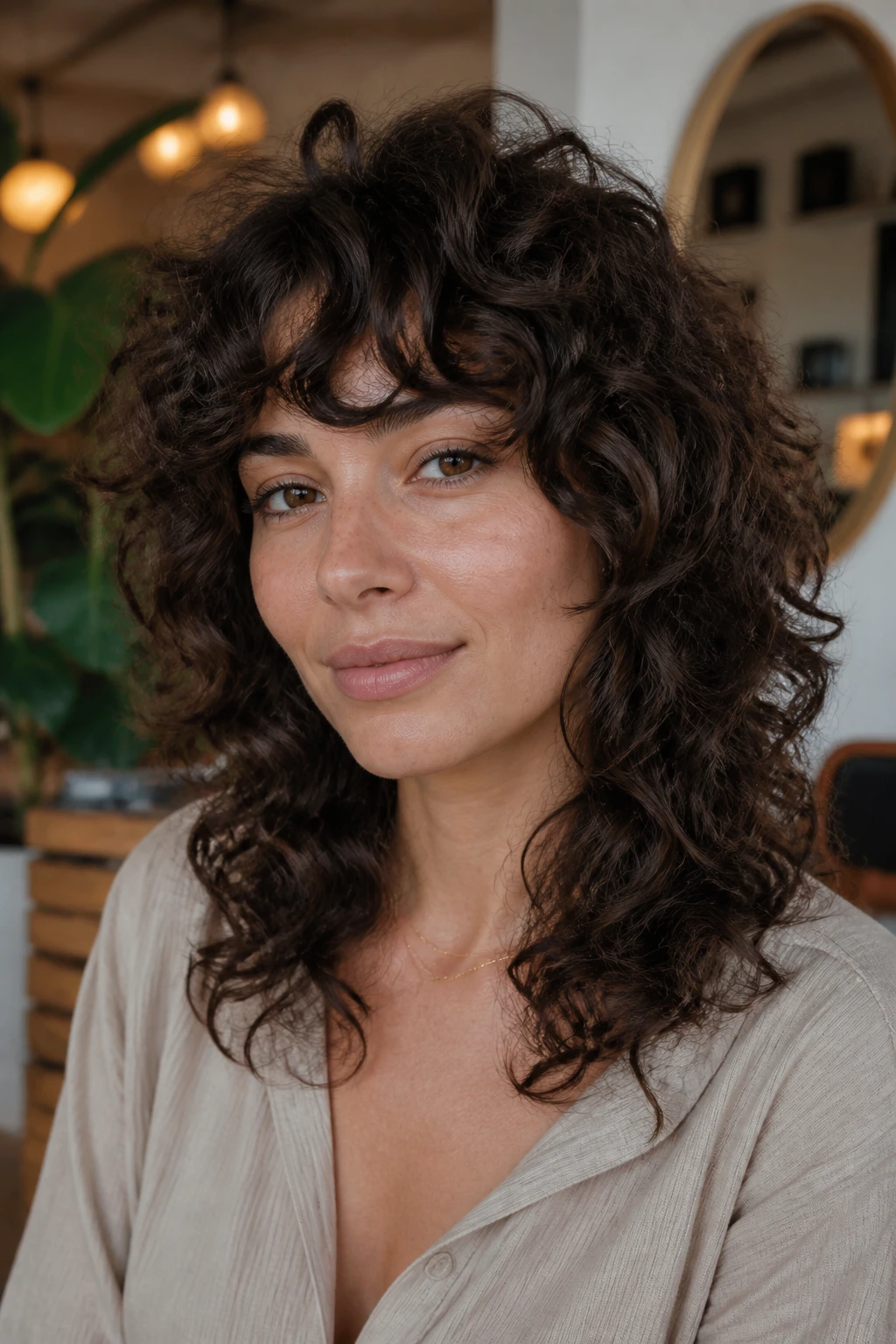 Close-up portrait of a real woman with dense curls and soft internal layers