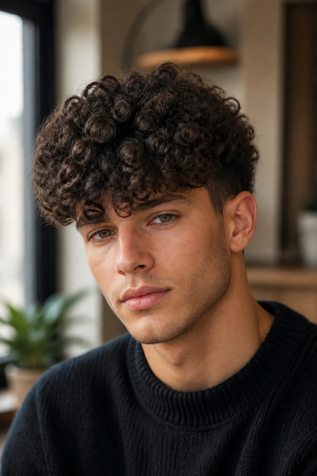 Real man with dense curls and heavy fringe crop