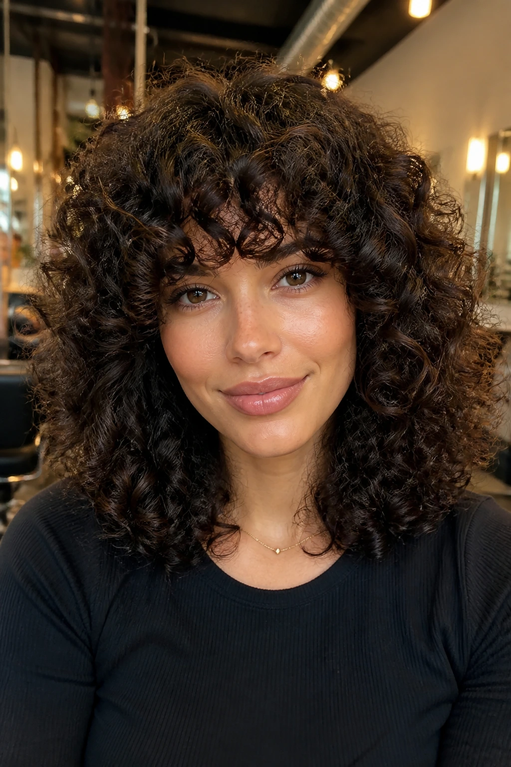 Close-up portrait of a real person with a full dense curly fringe