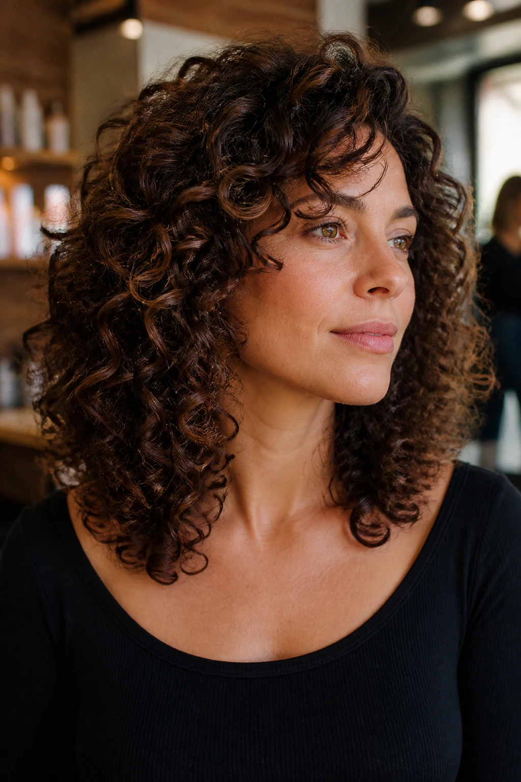 Close-up portrait of dense curly hair with interior layers on a real woman in a salon.
