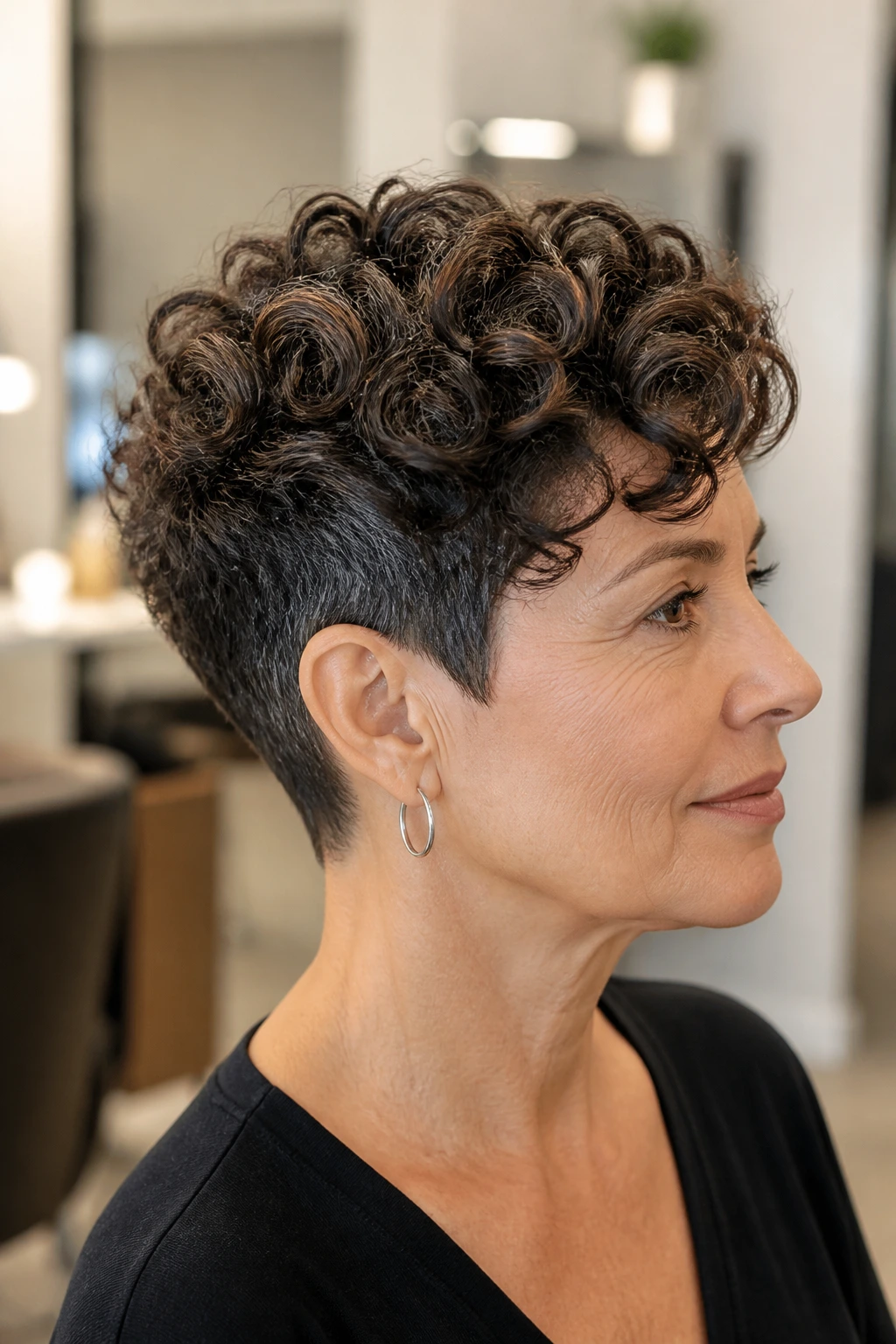 Portrait of a real woman with dense curls and a low tapered pixie in a bright salon