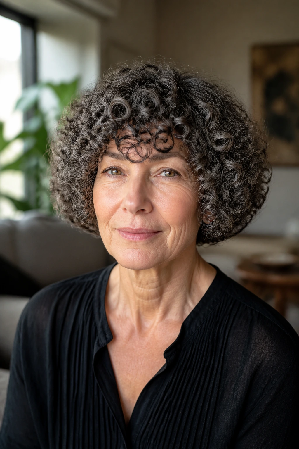 Close-up portrait of a real woman with a rounded pageboy for dense curls in a cozy living room