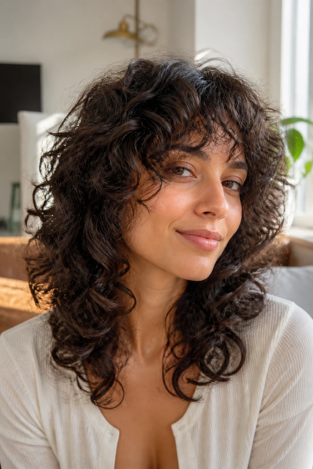 Close-up of a real woman with dense curly shag and bulk-removing layers framing her face