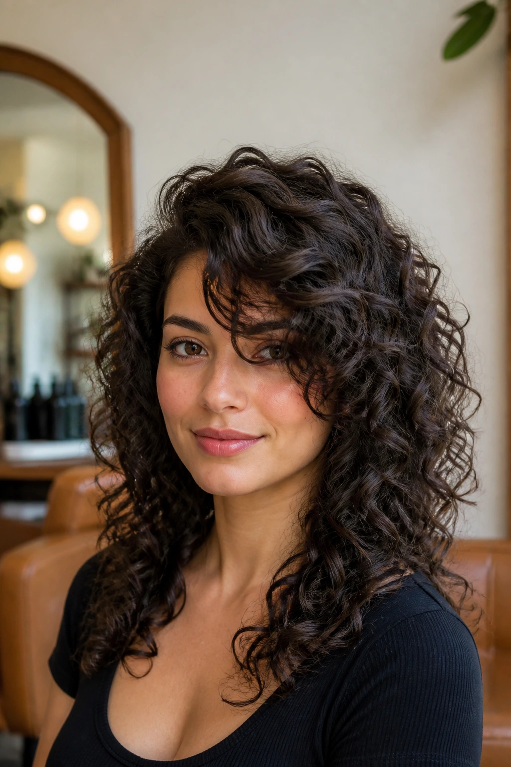 Close-up of a real woman with dense curls and a heavy-framed side-swept fringe