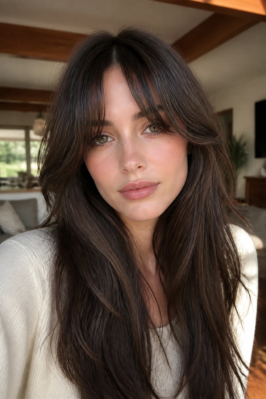 Real woman with dense curtain bangs parted in the center, sunlit living room background