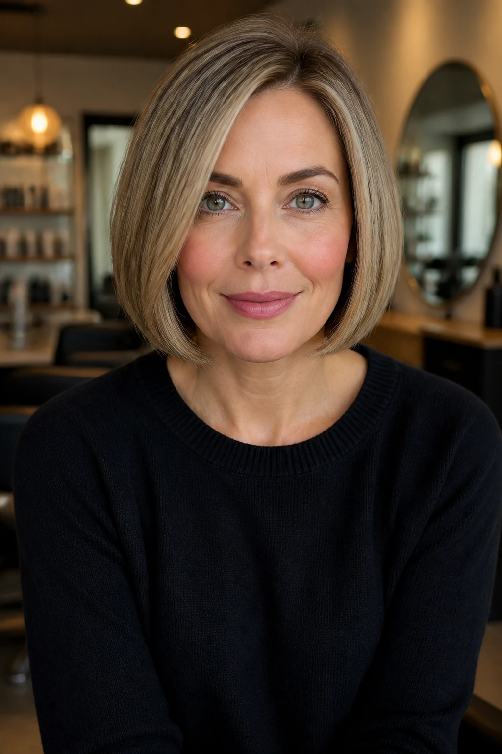 Close-up portrait of a real woman with a blunt chin-length bob and a soft side part, density emphasized at the ends.