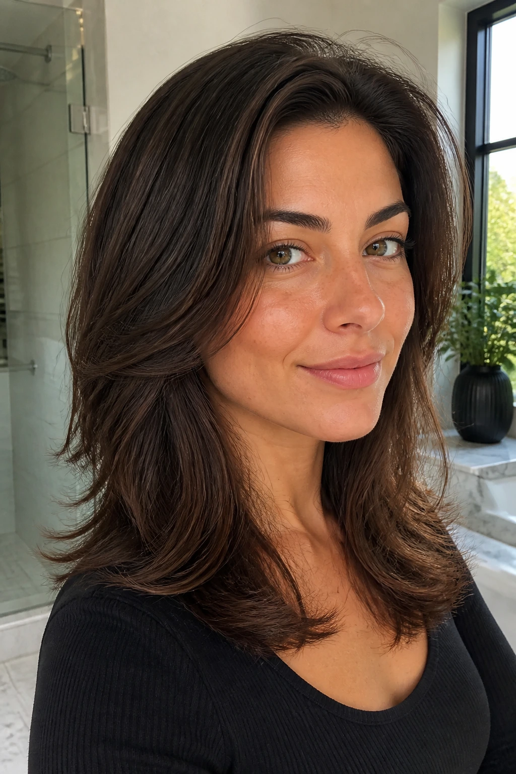Real woman with dense hair feathering removing bulk in daylight