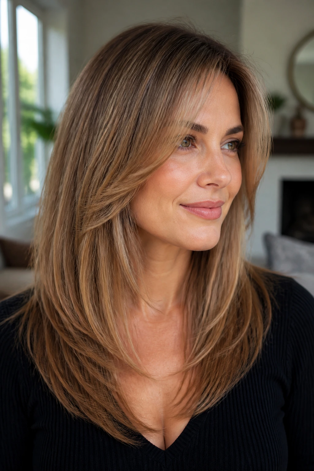 Close-up of fine hair with angled front layers creating density