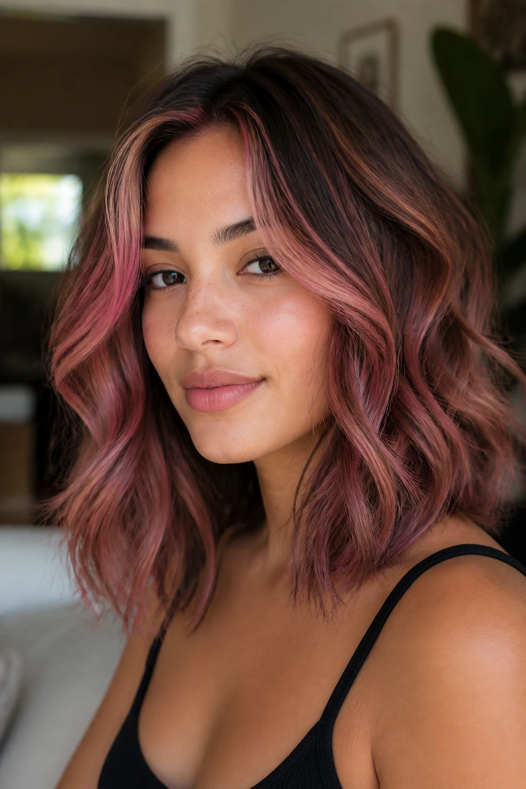 Close-up of fine hair with strategic pink highlight placements