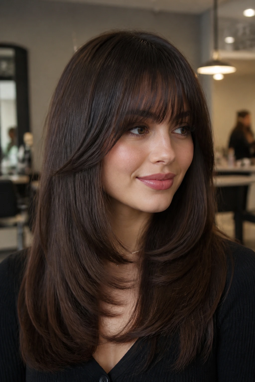 Close-up portrait of a real person with dense fringe and a soft U-shaped hem in a salon setting