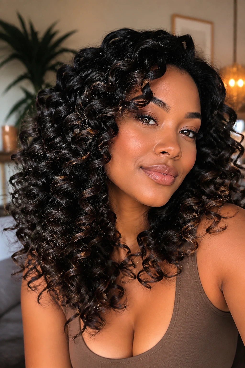 Portrait of a real woman with large chunky wand curls in dense hair