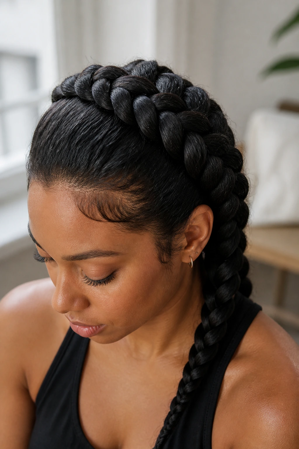 Close-up of dense hair with a Dutch braid sitting on top to stay readable