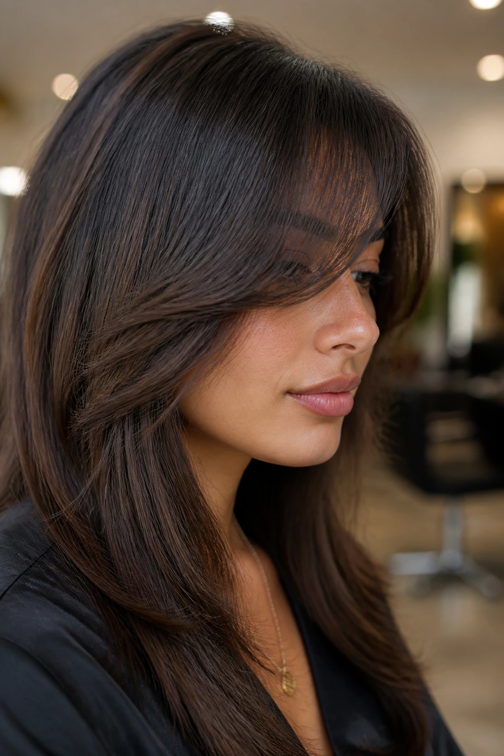 Fringe on dense hair with defined root weight and outer edge
