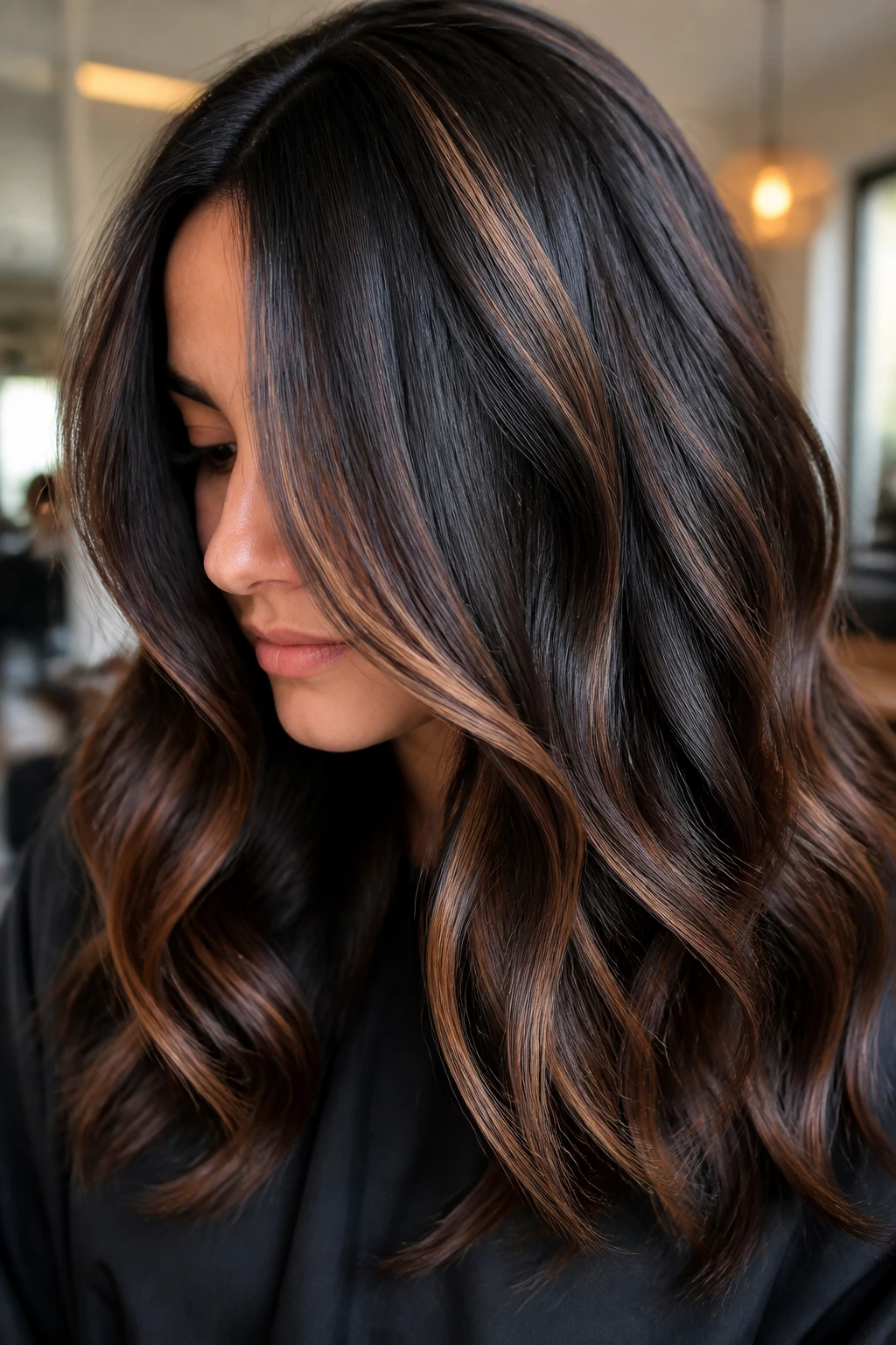 Close-up of dense dark hair with chunky caramel beige highlights on a real person