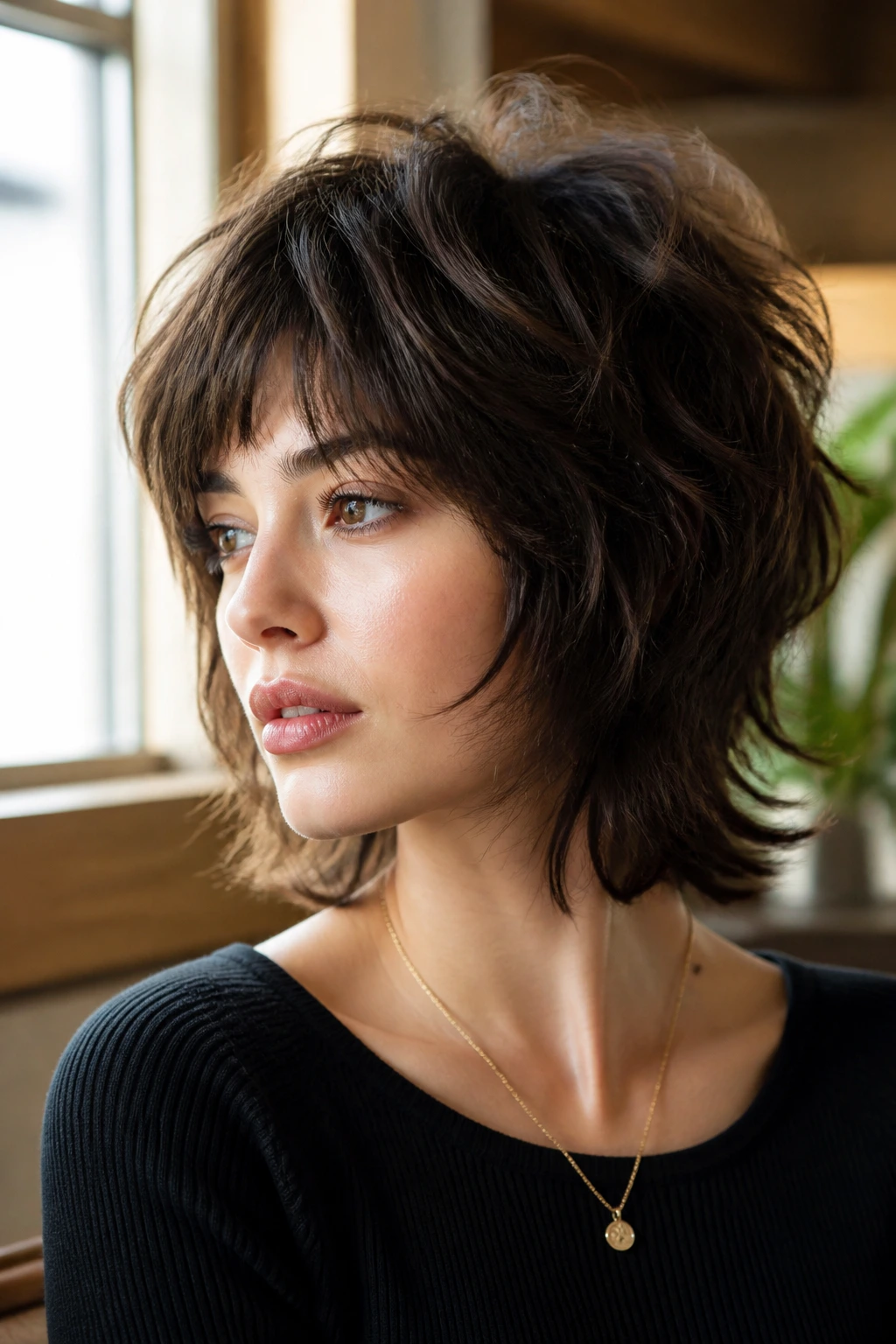 Close-up of dense hair with strategic shag layering on a real person